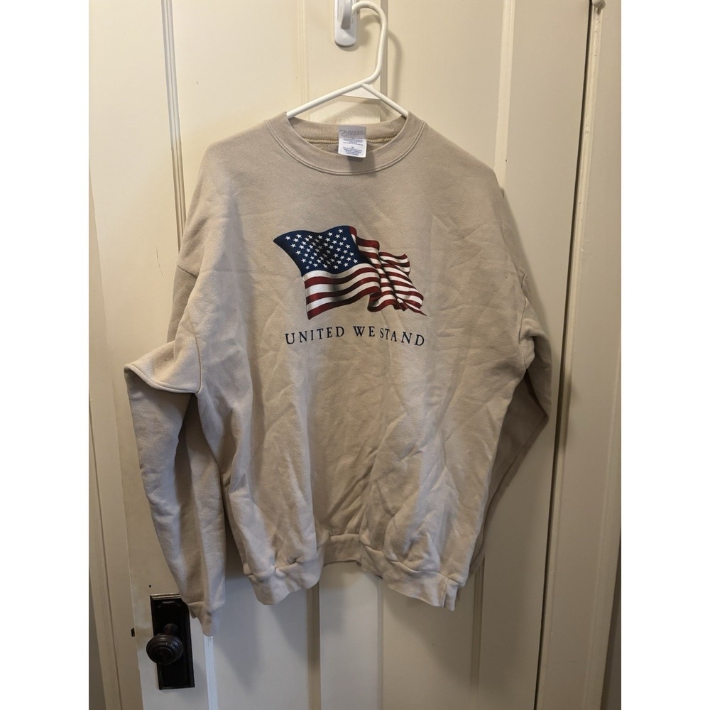 Santee‎ United We Stand American Flag Sweatshirt Tan XL Patriotic Crewneck